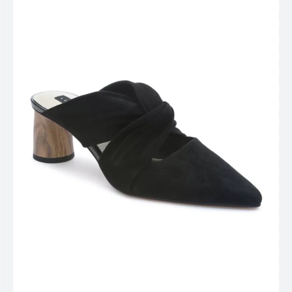 Sanctuary Sunset 2.0 Black Suede Bow Mule Heels 6M NIB Woodgrain Heel ECO